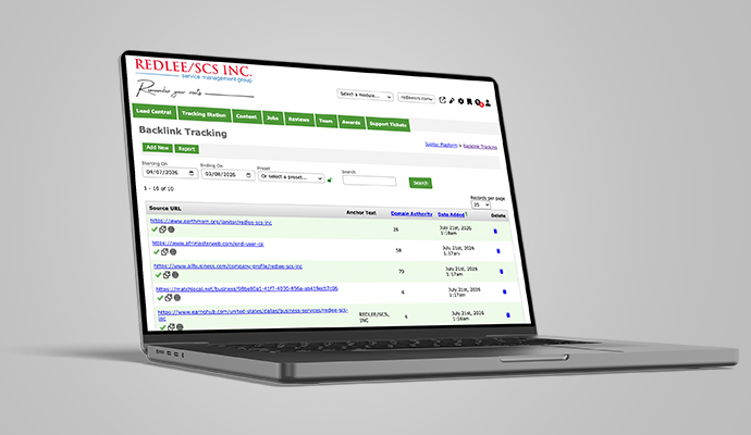 REDLEE/SCS, INC. backlink tracking dashboard mockup